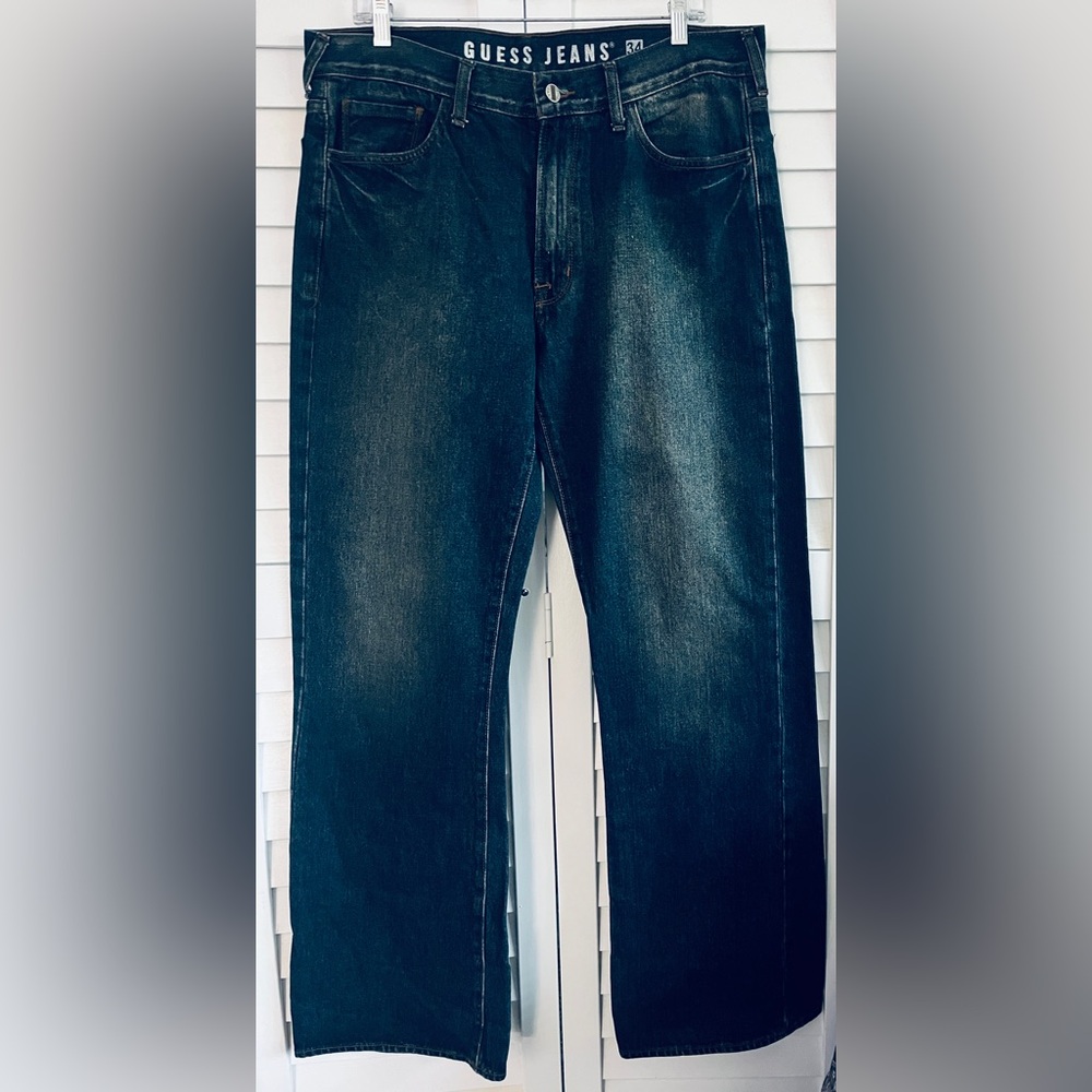 Men’s GUESS Wide Leg Denim Jeans Distressed Size 34x33 Hip Hop Zipper 5 Pockets